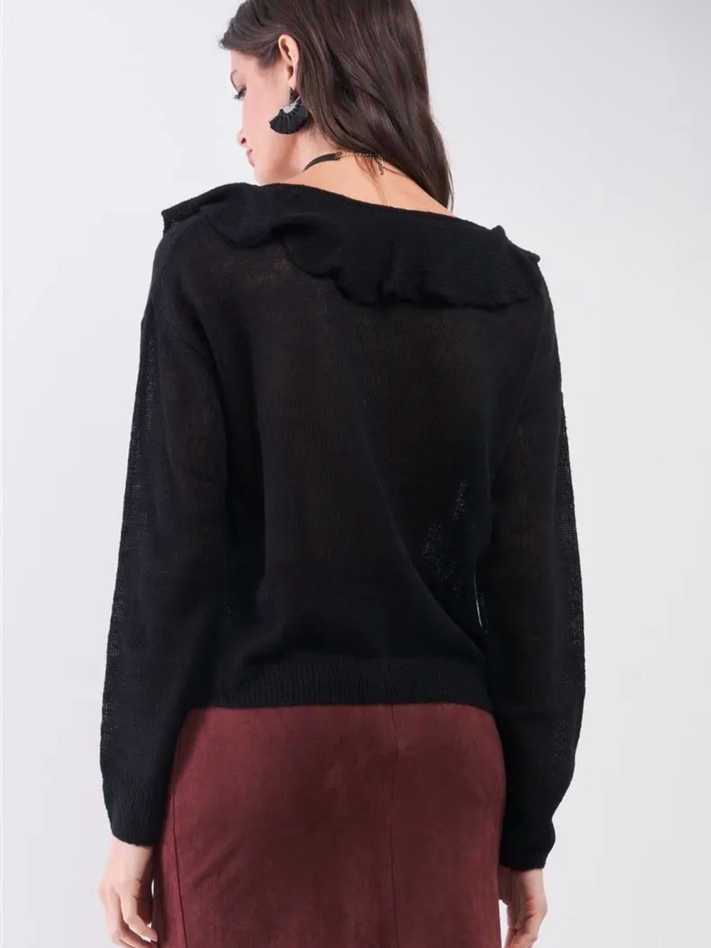 Black Ruffle-Collar Button-Front Sweater - Picture 3 of 3